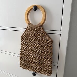 Brown Crochet Handbag with Wooden Handle